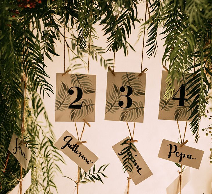 Greenery Table Escort Cards | Stylish Outdoor Wedding at Masia Casa del Mar in Barcelona, Spain | Sara Lobla Photography | Made in Video Film