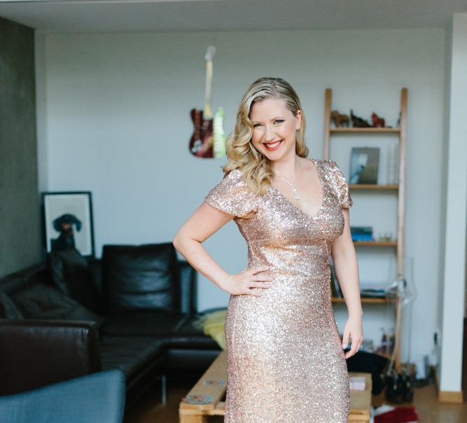 Bride in Gold Sequin Gibson Bespoke Wedding Dress