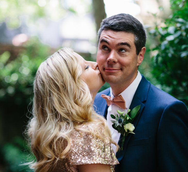 Bride in Gold Sequin Gibson Bespoke Wedding Dress & Groom in Marks and Spencer Suit