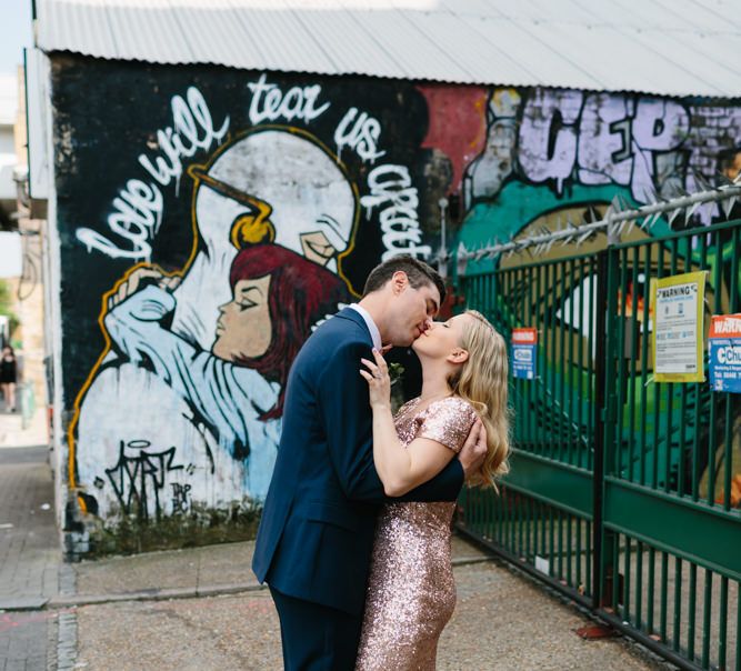 Bride in Gold Sequin Gibson Bespoke Wedding Dress & Groom in Marks and Spencer Suit