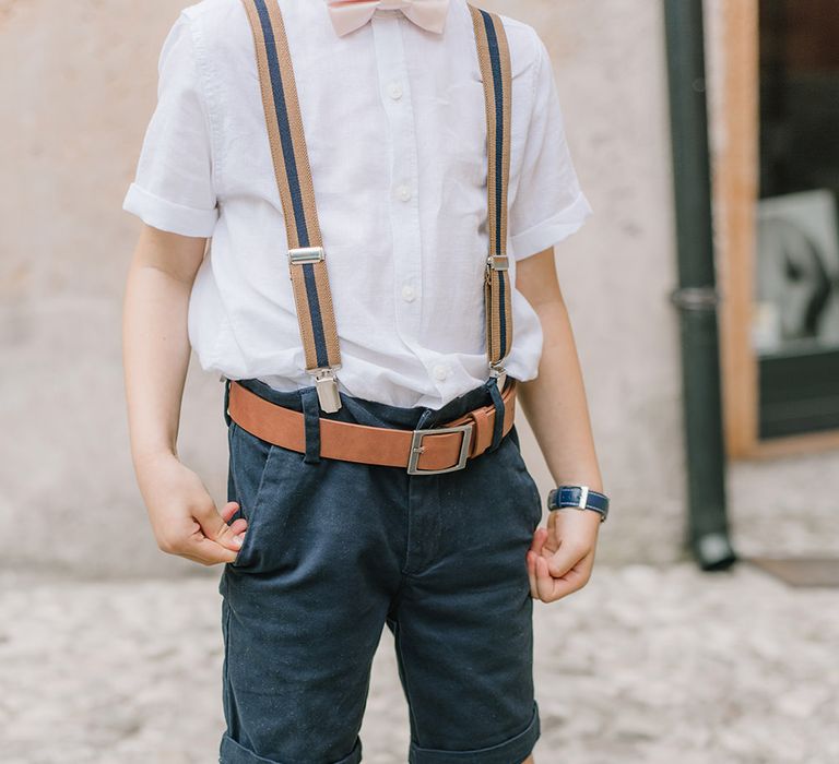 Page Boy in Next, Shorts, Braces & Bow Tie | Elegant Family Destination Wedding at Malcesine in Italy, Planned by Lake Garda Weddings | Georgina Harrison Photography