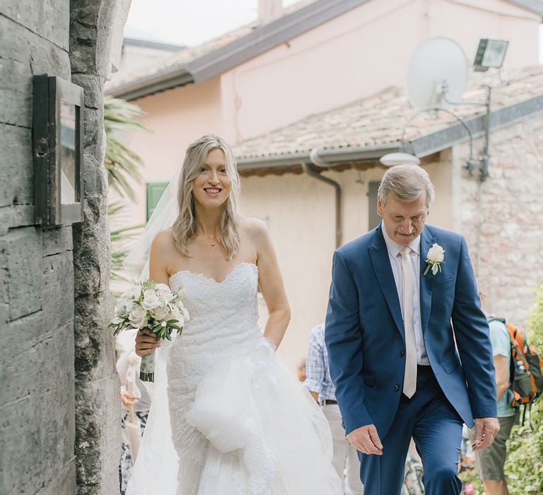 Bride in Lace Enzoani Wedding Dress | Elegant Family Destination Wedding at Malcesine in Italy, Planned by Lake Garda Weddings | Georgina Harrison Photography