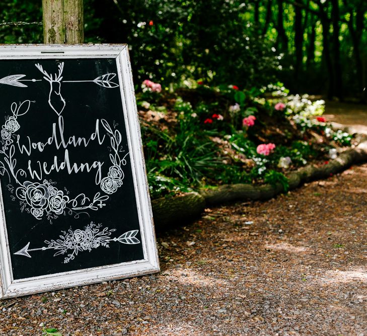 Chalkboard Wedding Sign | Brightly Coloured Woodland Wedding | Epic Love Story Photography