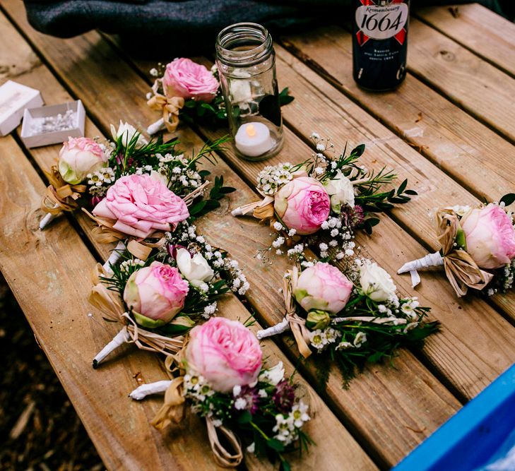 Pink Peony Buttonholes | Brightly Coloured Woodland Wedding | Epic Love Story Photography