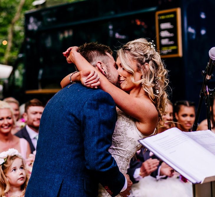 Outdoor Wedding Ceremony | Bride in Lace Anna Sorrano Gown | Groom in Tweed Vintage Suit Hire Suit | Epic Love Story Photography