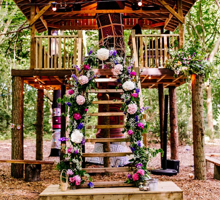 Tree House | Floral Arch | Brightly Coloured Woodland Weddingy | Epic Love Story Photography