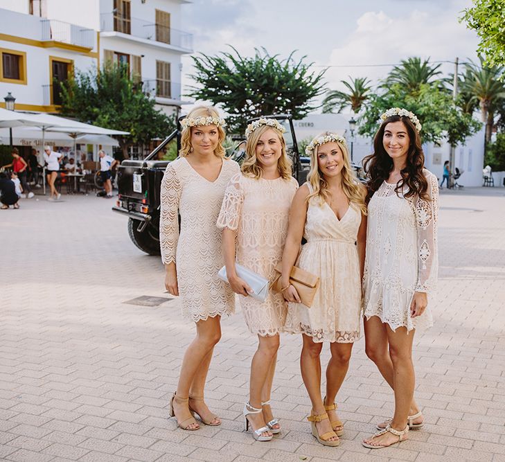 Bridesmaids with Flower Crown & Different Lace Nude Dresses | Bride in Flora Bridal Wedding Dress | Raquel Benito Photography