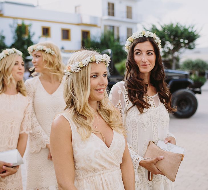 Bridesmaids in Different Nude Dresses & Flower Crowns | Raquel Benito Photography