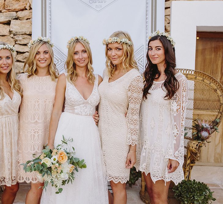 Bridesmaids in Different Nude Lace Dresses | Bride in Flora Bridal Wedding Dress | Raquel Benito Photography