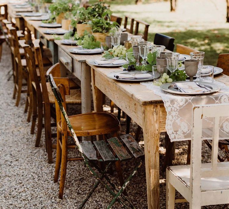 Rustic Wedding In Italy At Locanda Rosa Rosae With Intimate Candle Lit Dinner At Wooden Table With Fresh Fruit Decor