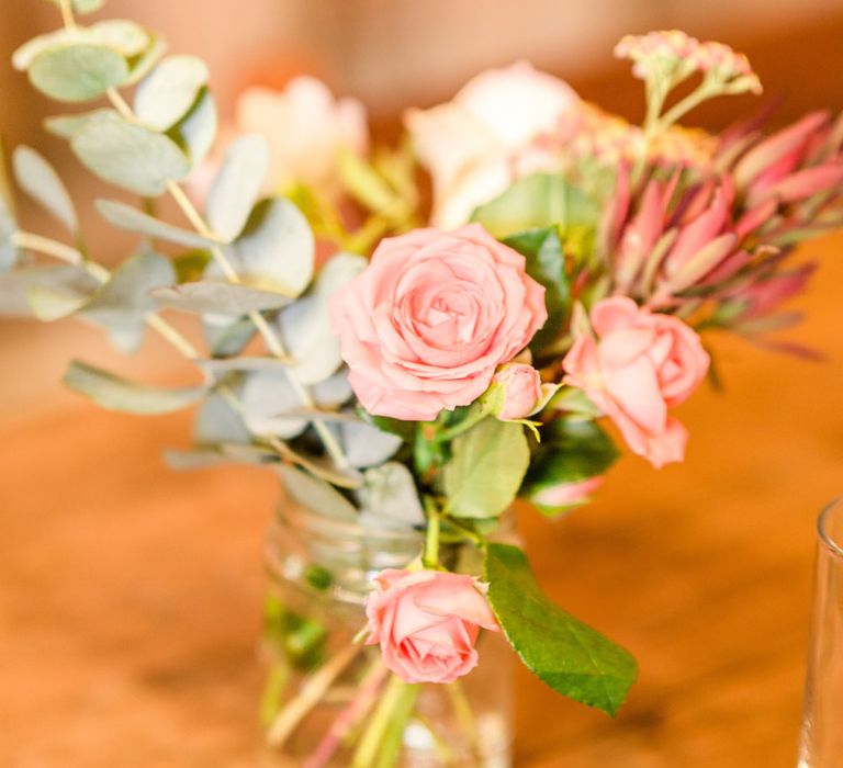 Flower Stems in Jam Jars | Thames Chase Centre Boho Wedding | Gyan Gurung Photography