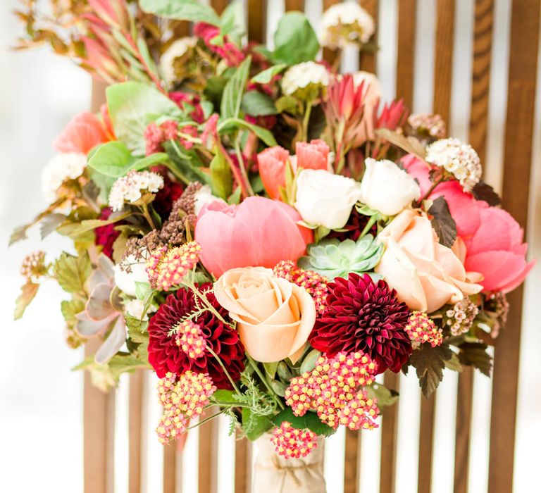 Pink & Red Bridal Bouquet | Thames Chase Centre Boho Wedding | Gyan Gurung Photography