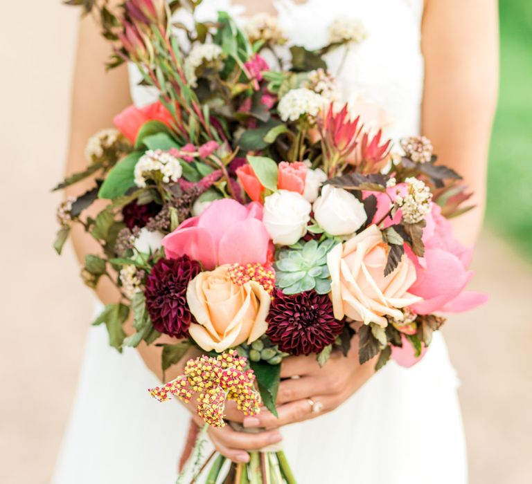 Pink Bridal Bouquet | Bride in Pure Bride Dresses | Thames Chase Centre Boho Wedding | Gyan Gurung Photography