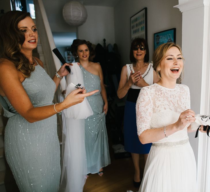 Bride in Catherine Deane Bridal Separates & Bridesmaids in Embellished ASOS Bridesmaid Dresses