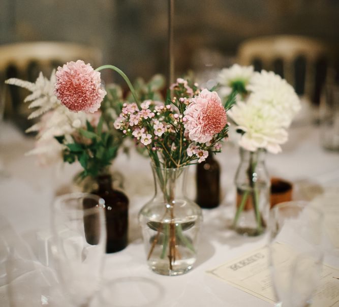 Pink & White Flower Stems in Glass Jars & Vases