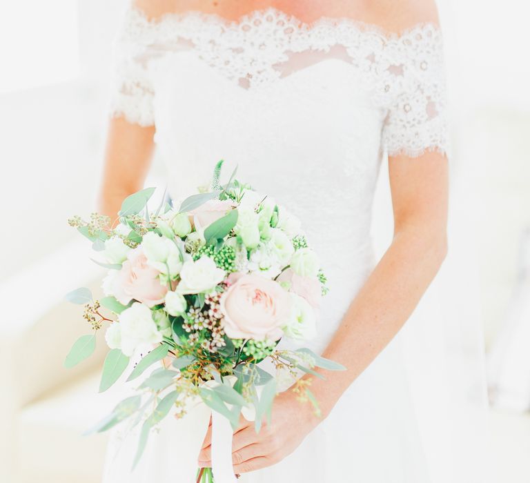 Bride in Naomi Neoh Loretta Gown with Stewart Parvin Lace Jacket & Suzanne Neville Belt