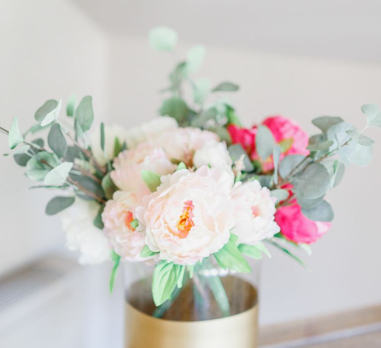 Gold Spray Painted Vase & Pink & Cream Flowers