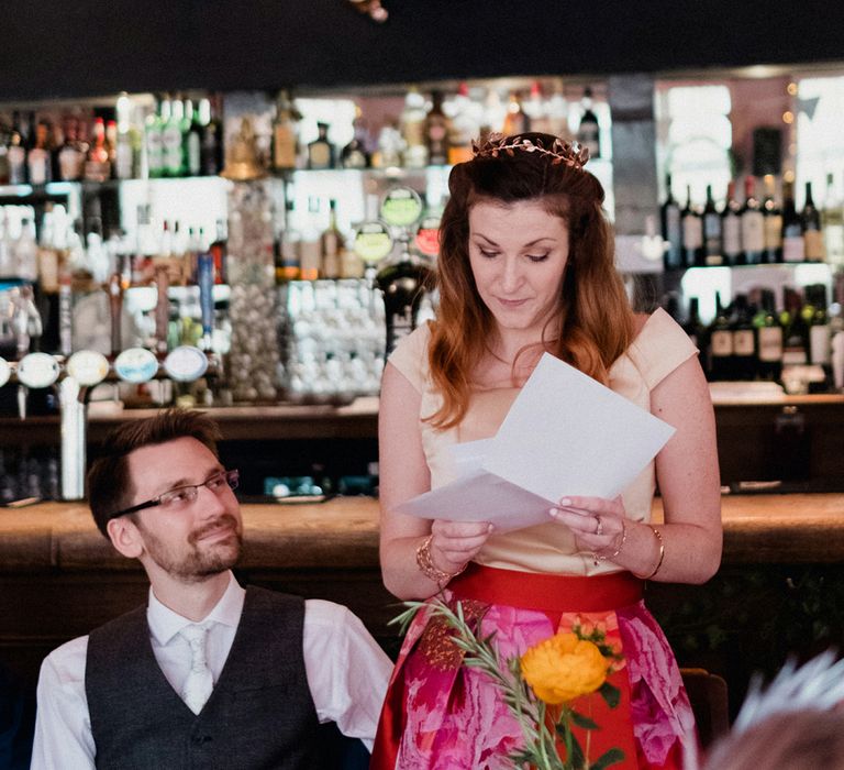 Etsy Wedding In London Pub With Artistic Woodland Details Bride In Bold Skirt By Coast & Bridesmaid In Sequinned Dress With Images By Claudia Rose Carter