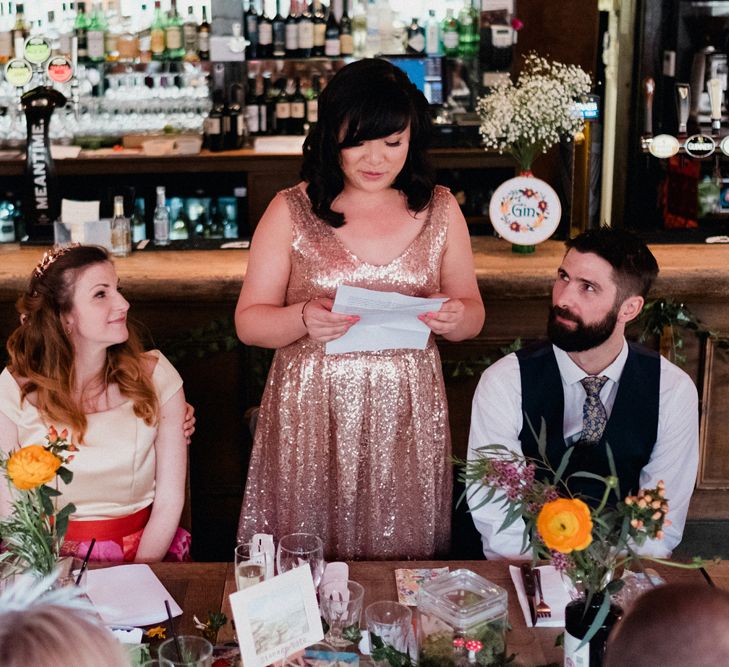 Etsy Wedding In London Pub With Artistic Woodland Details Bride In Bold Skirt By Coast & Bridesmaid In Sequinned Dress With Images By Claudia Rose Carter