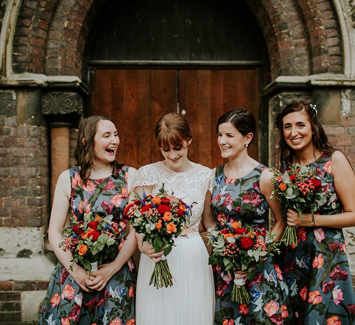 Bridesmaids in Floral Karen Millen Dresses | Bride in Inbal Raviv Gown | Luxe Wedding at St Stephen's Trust, Deconsecrated Church in Hampstead, London | Irene yap Photography