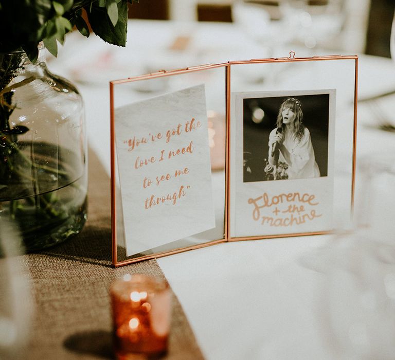 Table Names in Copper Frames | Luxe Wedding at St Stephen's Trust, Deconsecrated Church in Hampstead, London | Irene yap Photography