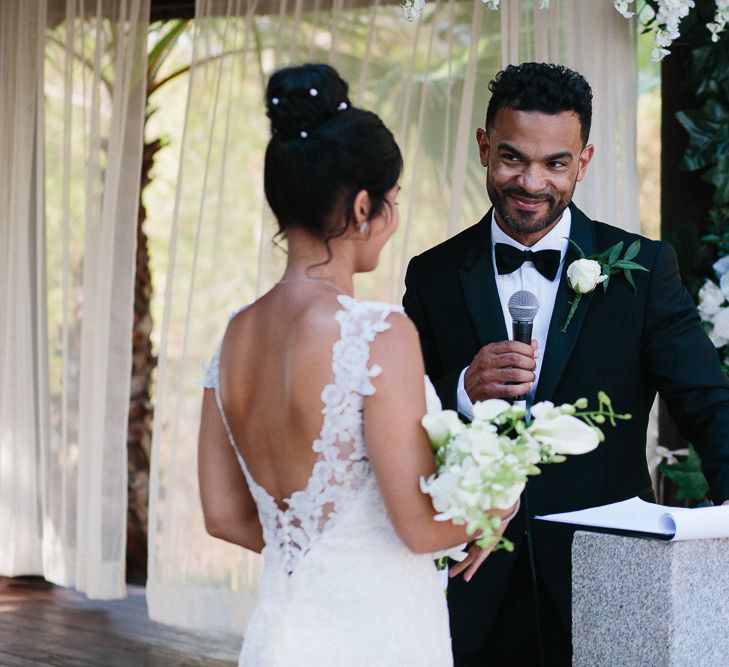 Wedding Ceremony | Bride in Lace Martina Liana Essense Design Wedding Dress | Groom in Paul Smith Suit | Ibiza Destination Wedding | Helen Abraham Photography | Ibiza Wedding Films