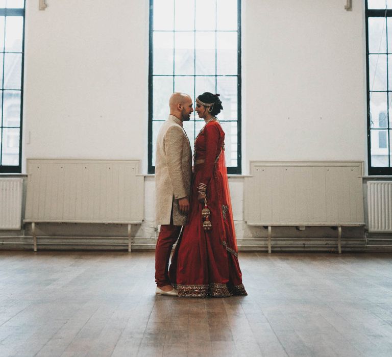 Non Religious Wedding With Indian & Spanish Cultural Traditions Bride In Simple Red Wedding Sari & ASOS Dress Images By Meghan Lorna