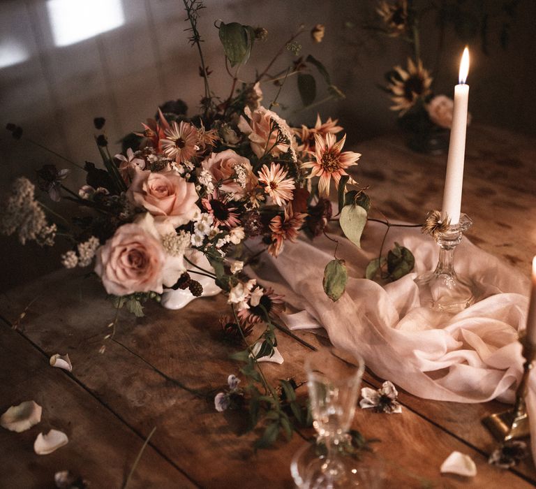 Short Cream Candles by Nordic House // Tall White Candles by Charles Farris // Vintage Glass & Copper Candlestick Holders to hire by Beatnik Bride // Silk Table Runner by Pompom Blossom // Linen Napkins & Plates by H&M Home // All vintage glassware and cutlery to hire by Beatnik Bride