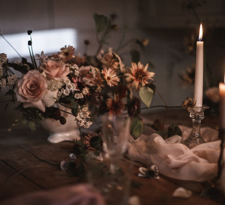 Short Cream Candles by Nordic House // Tall White Candles by Charles Farris // Vintage Glass & Copper Candlestick Holders to hire by Beatnik Bride // Silk Table Runner by Pompom Blossom // Linen Napkins & Plates by H&M Home // All vintage glassware and cutlery to hire by Beatnik Bride