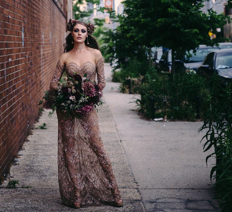 Urban Inspiration Shoot in New York City | Soho to Brooklyn Bridge | Suzanne Hardward Couture Gown | Deep Florals | Bonnie Jenkins Photography