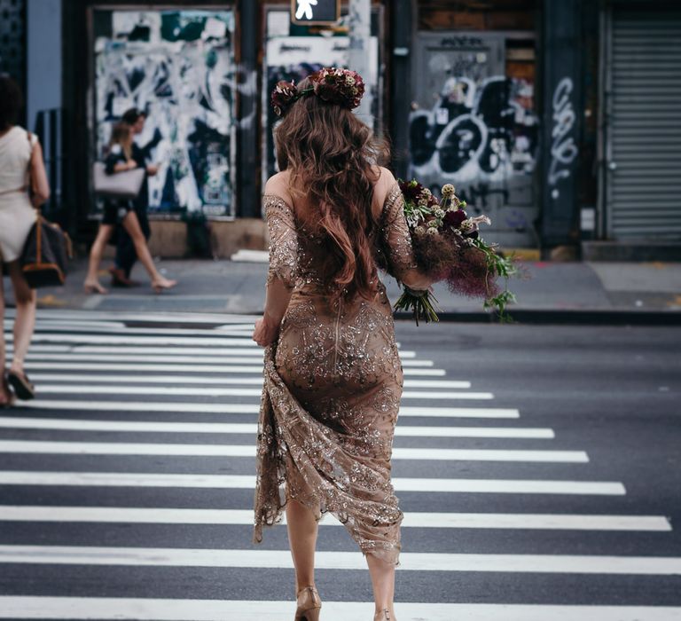 Urban Inspiration Shoot in New York City | Soho to Brooklyn Bridge | Suzanne Hardward Couture Gown | Deep Florals | Bonnie Jenkins Photography