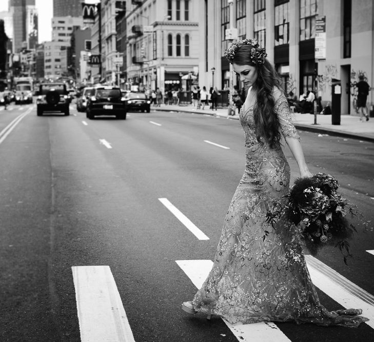 Urban Inspiration Shoot in New York City | Soho to Brooklyn Bridge | Suzanne Hardward Couture Gown | Deep Florals | Bonnie Jenkins Photography