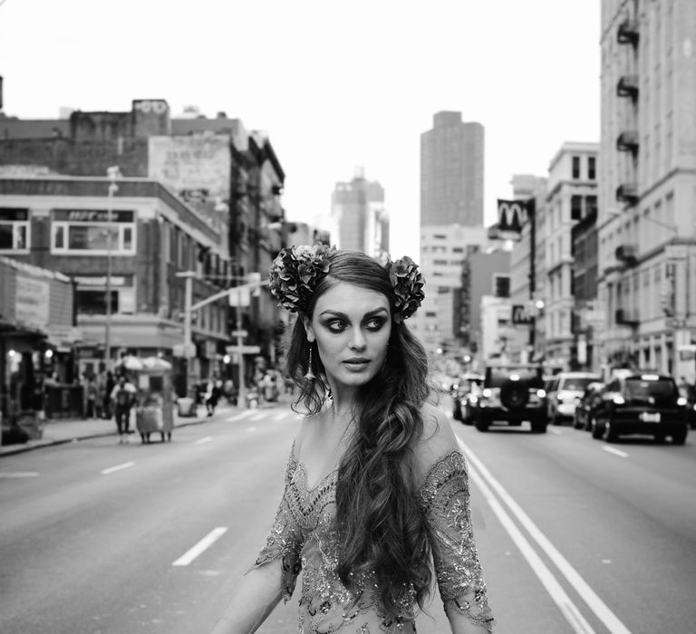 Urban Inspiration Shoot in New York City | Soho to Brooklyn Bridge | Suzanne Hardward Couture Gown | Deep Florals | Bonnie Jenkins Photography