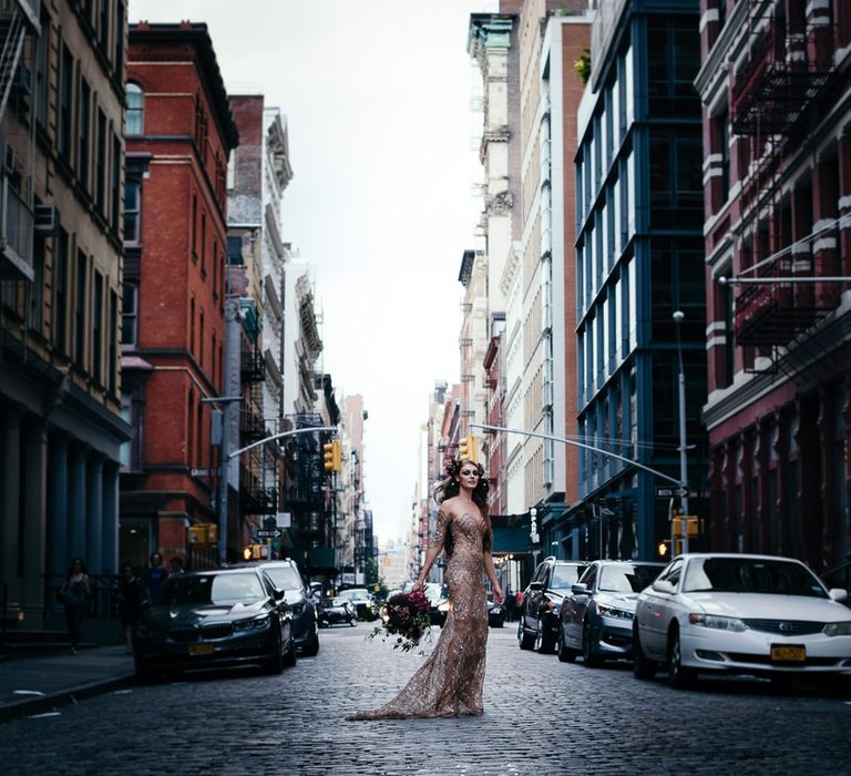 Urban Inspiration Shoot in New York City | Soho to Brooklyn Bridge | Suzanne Hardward Couture Gown | Deep Florals | Bonnie Jenkins Photography