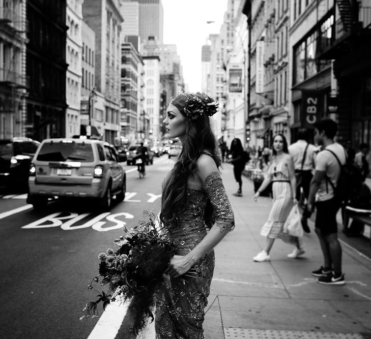 Urban Inspiration Shoot in New York City | Soho to Brooklyn Bridge | Suzanne Hardward Couture Gown | Deep Florals | Bonnie Jenkins Photography