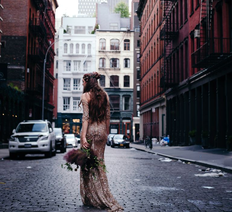 Urban Inspiration Shoot in New York City | Soho to Brooklyn Bridge | Suzanne Hardward Couture Gown | Deep Florals | Bonnie Jenkins Photography