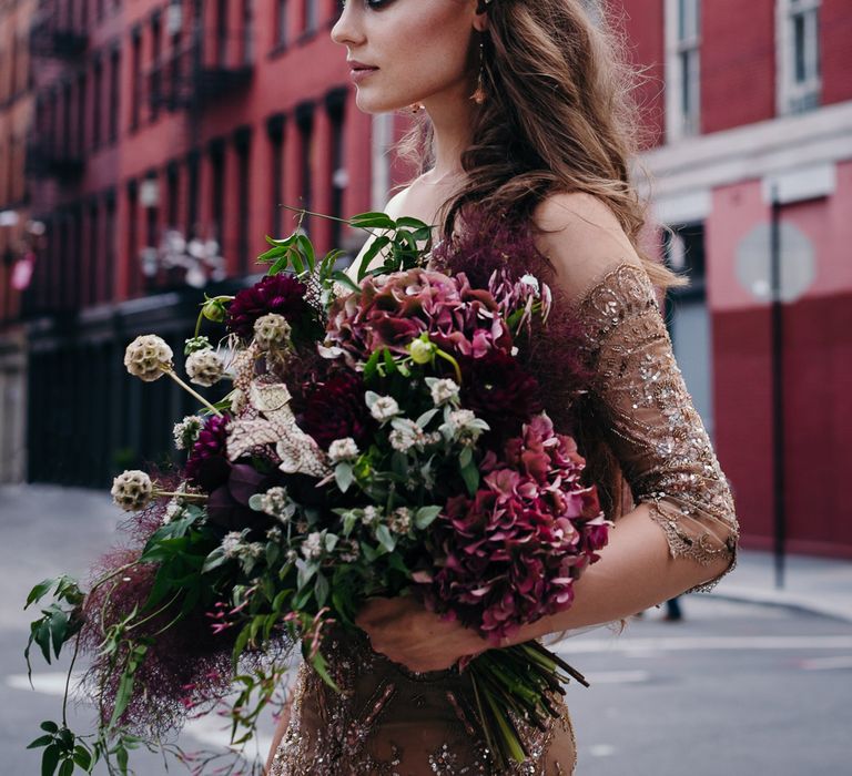 Urban Inspiration Shoot in New York City | Soho to Brooklyn Bridge | Suzanne Hardward Couture Gown | Deep Florals | Bonnie Jenkins Photography