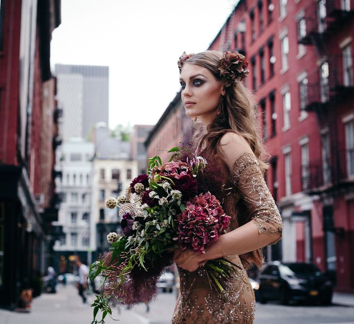 Urban Inspiration Shoot in New York City | Soho to Brooklyn Bridge | Suzanne Hardward Couture Gown | Deep Florals | Bonnie Jenkins Photography