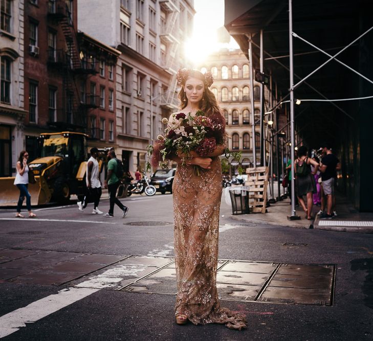 Urban Inspiration Shoot in New York City | Soho to Brooklyn Bridge | Suzanne Hardward Couture Gown | Deep Florals | Bonnie Jenkins Photography