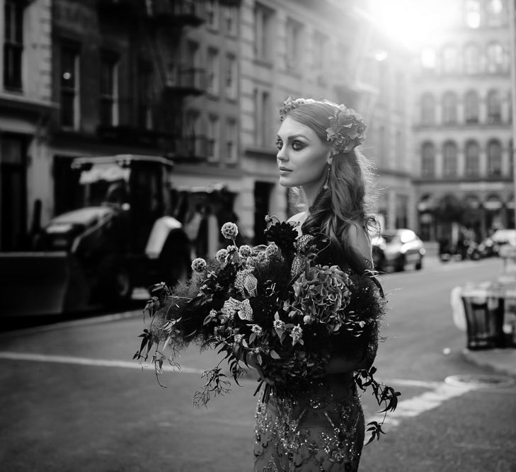 Urban Inspiration Shoot in New York City | Soho to Brooklyn Bridge | Suzanne Hardward Couture Gown | Deep Florals | Bonnie Jenkins Photography