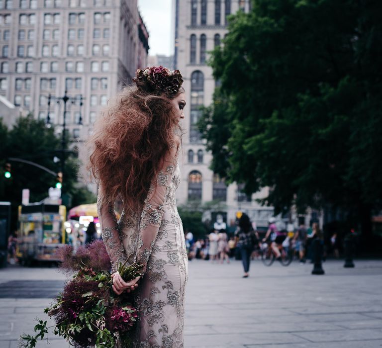 Urban Inspiration Shoot in New York City | Soho to Brooklyn Bridge | Suzanne Hardward Couture Gown | Deep Florals | Bonnie Jenkins Photography