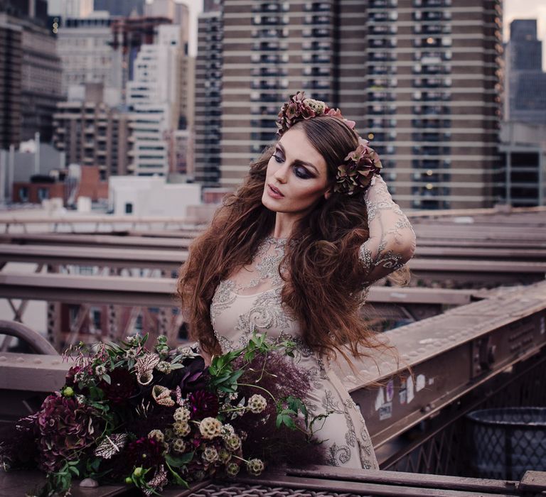 Urban Inspiration Shoot in New York City | Soho to Brooklyn Bridge | Suzanne Hardward Couture Gown | Deep Florals | Bonnie Jenkins Photography