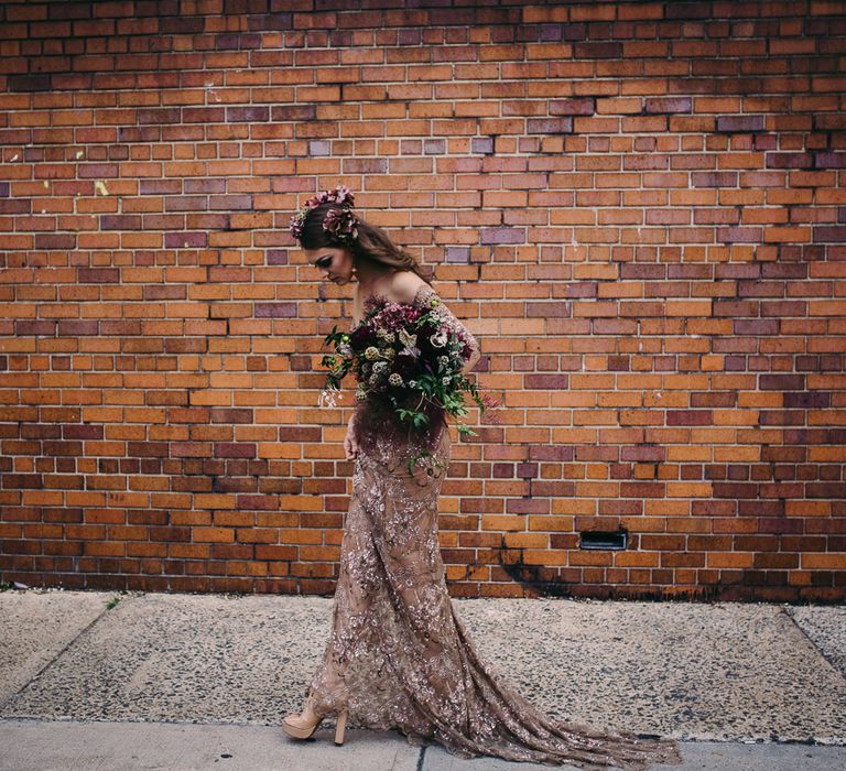 Urban Inspiration Shoot in New York City | Soho to Brooklyn Bridge | Suzanne Hardward Couture Gown | Deep Florals | Bonnie Jenkins Photography