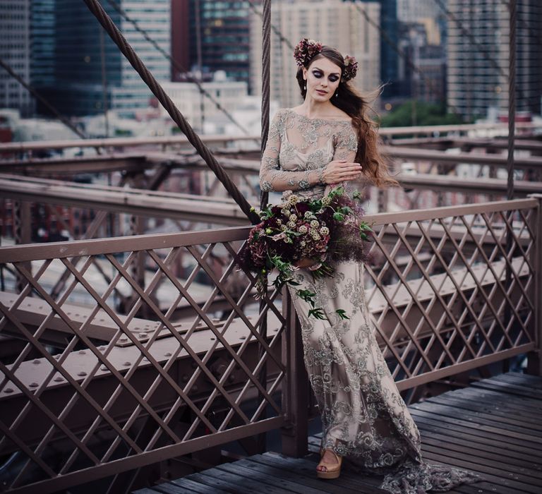 Urban Inspiration Shoot in New York City | Soho to Brooklyn Bridge | Suzanne Hardward Couture Gown | Deep Florals | Bonnie Jenkins Photography