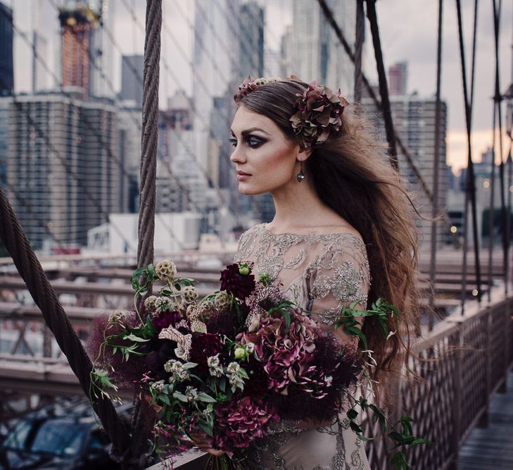 Urban Inspiration Shoot in New York City | Soho to Brooklyn Bridge | Suzanne Hardward Couture Gown | Deep Florals | Bonnie Jenkins Photography