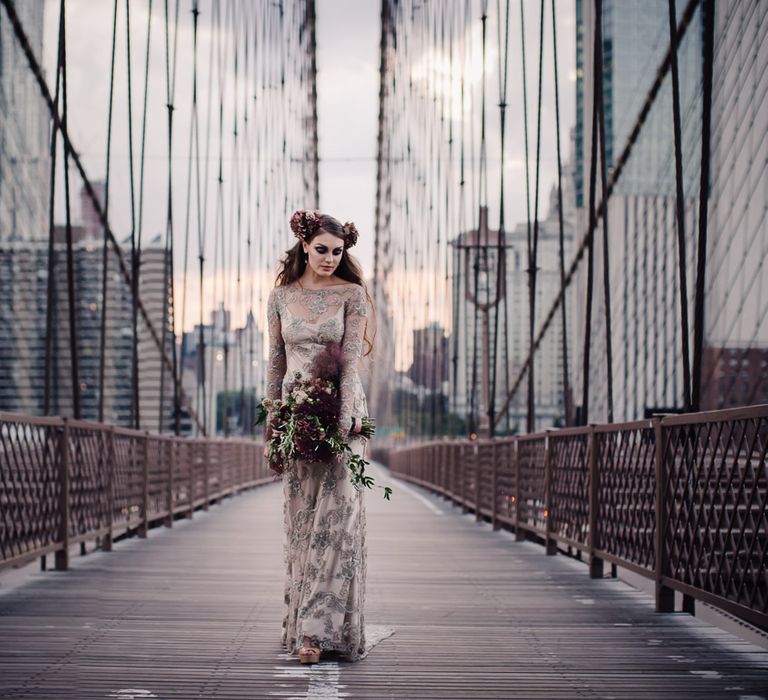 Urban Inspiration Shoot in New York City | Soho to Brooklyn Bridge | Suzanne Hardward Couture Gown | Deep Florals | Bonnie Jenkins Photography