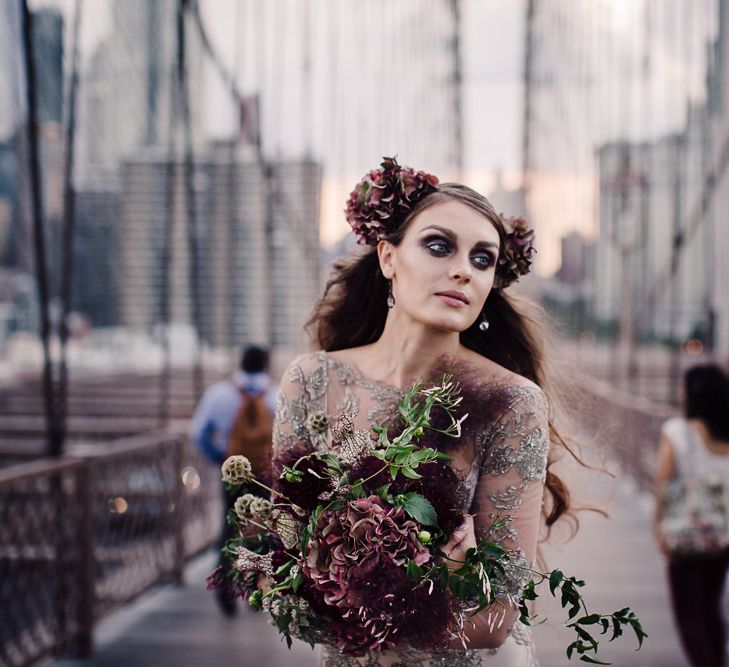 Urban Inspiration Shoot in New York City | Soho to Brooklyn Bridge | Suzanne Hardward Couture Gown | Deep Florals | Bonnie Jenkins Photography