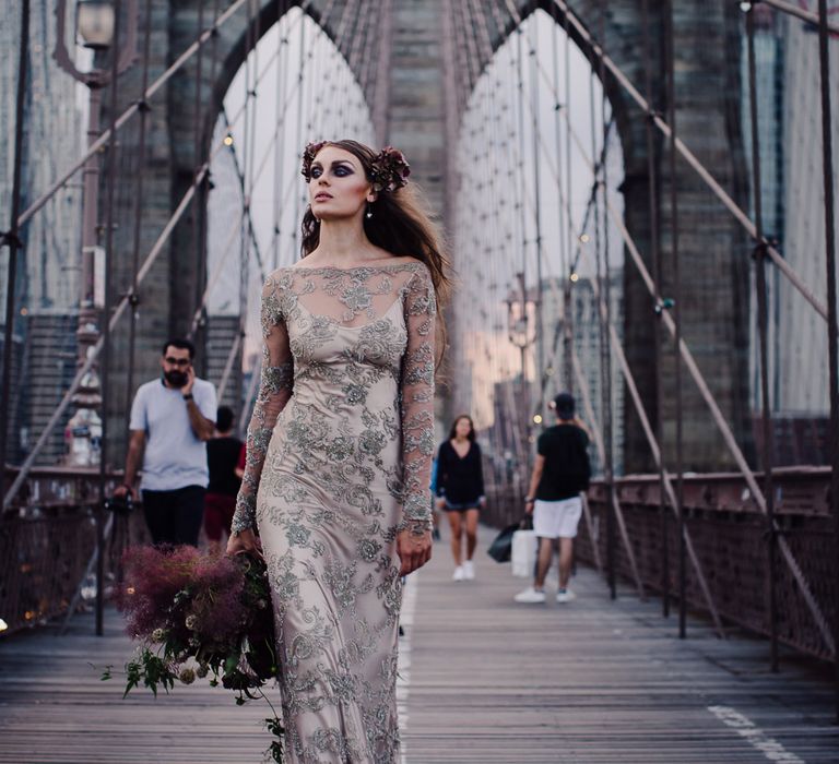 Urban Inspiration Shoot in New York City | Soho to Brooklyn Bridge | Suzanne Hardward Couture Gown | Deep Florals | Bonnie Jenkins Photography