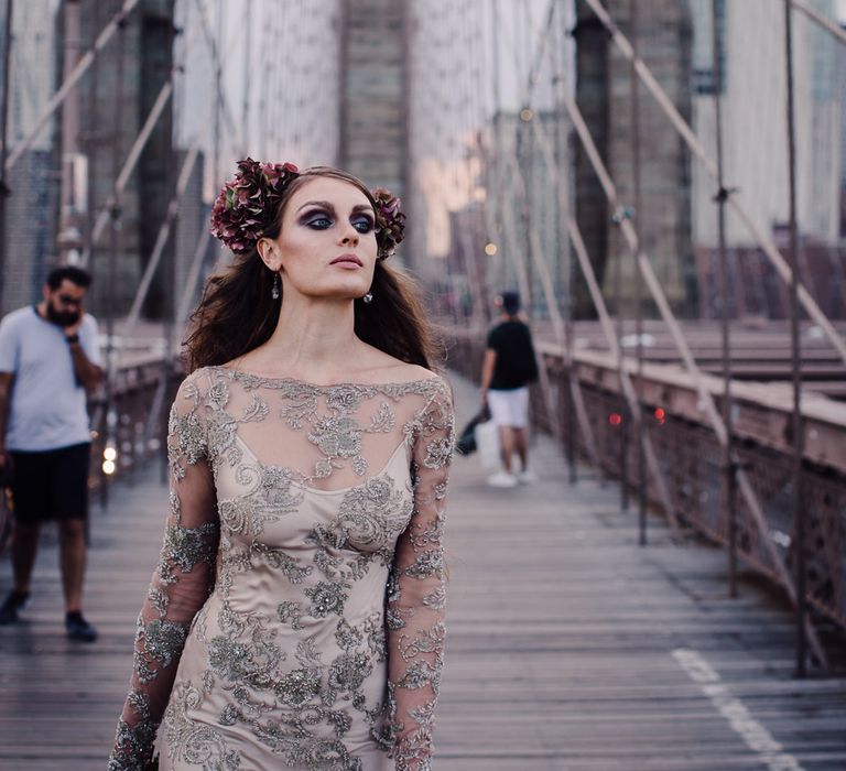 Urban Inspiration Shoot in New York City | Soho to Brooklyn Bridge | Suzanne Hardward Couture Gown | Deep Florals | Bonnie Jenkins Photography