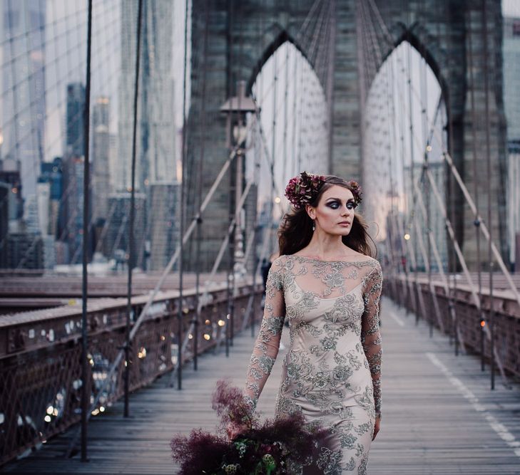 Urban Inspiration Shoot in New York City | Soho to Brooklyn Bridge | Suzanne Hardward Couture Gown | Deep Florals | Bonnie Jenkins Photography